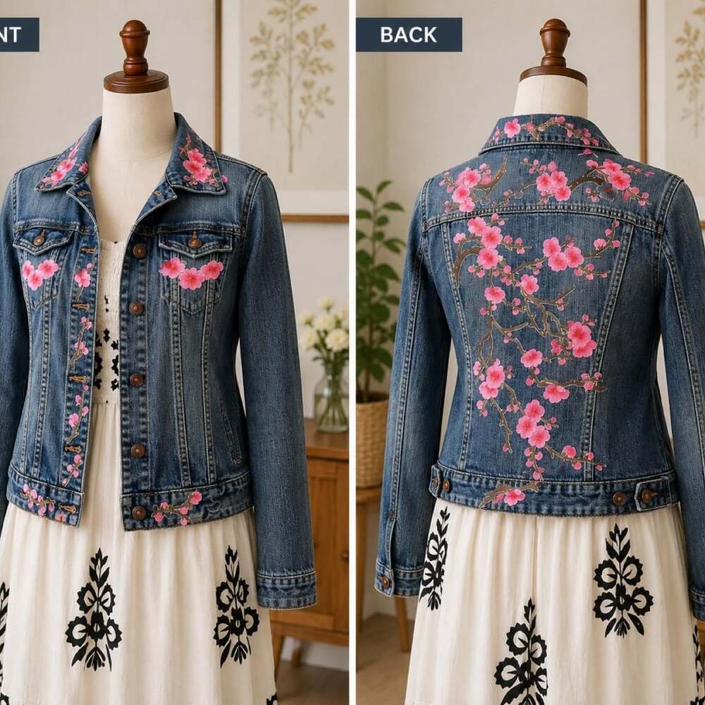 Custom Denim Jacket Pink Cherry Blossom Floral Embroidered